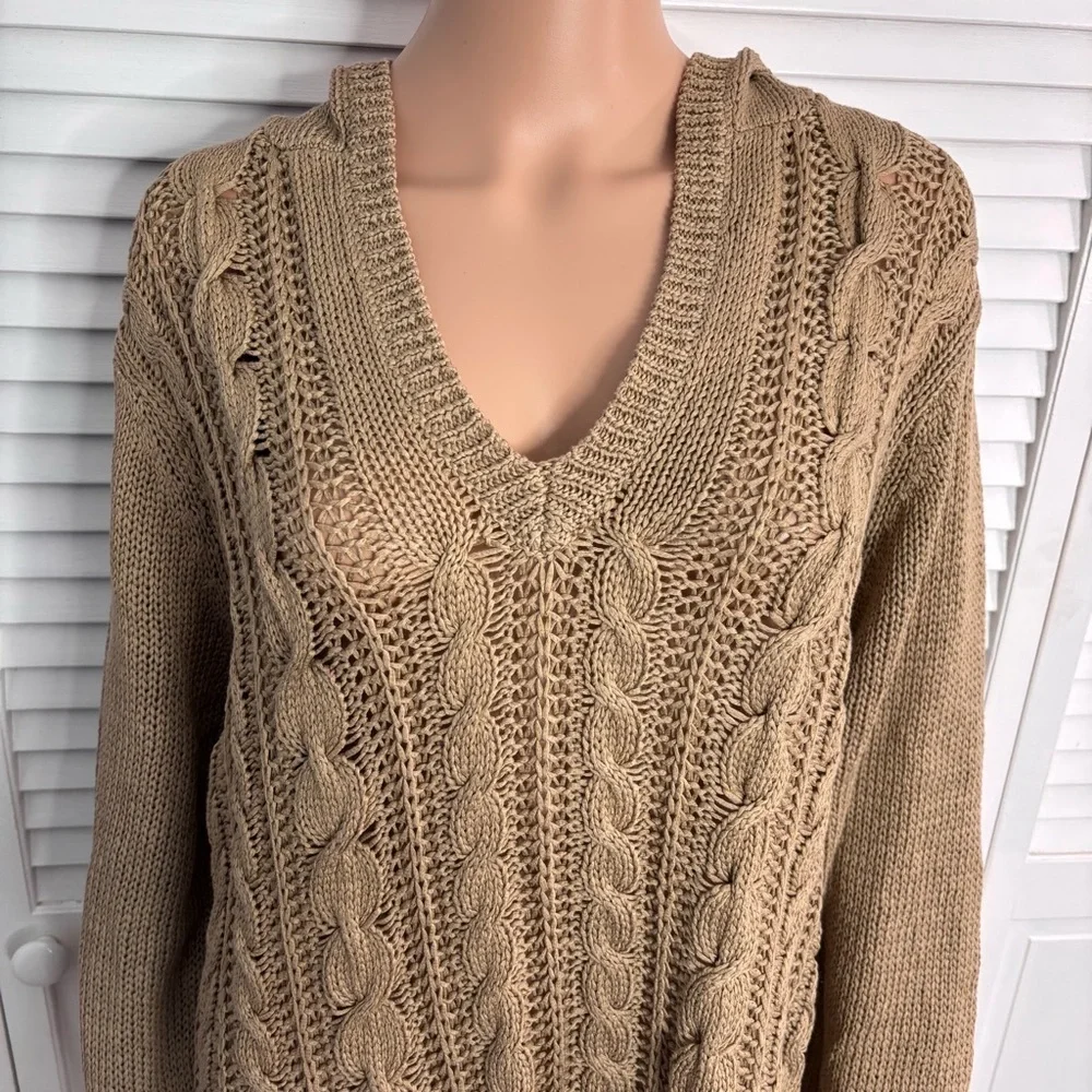 TALBOTS Brown Mercerized Cotton Hooded Cable Knit Sweater Size 3X
